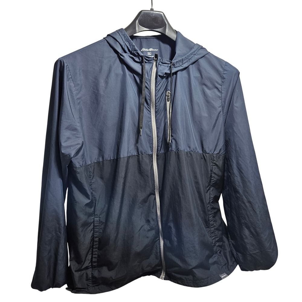 Eddie Bauer Windbreaker Jacket XL Navy Black Colorblock Full Zip Hooded EMJ0742T
